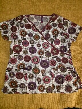 Scrub Works Women’s Floral Print Scrub Top in White with Pink & Purple Accents